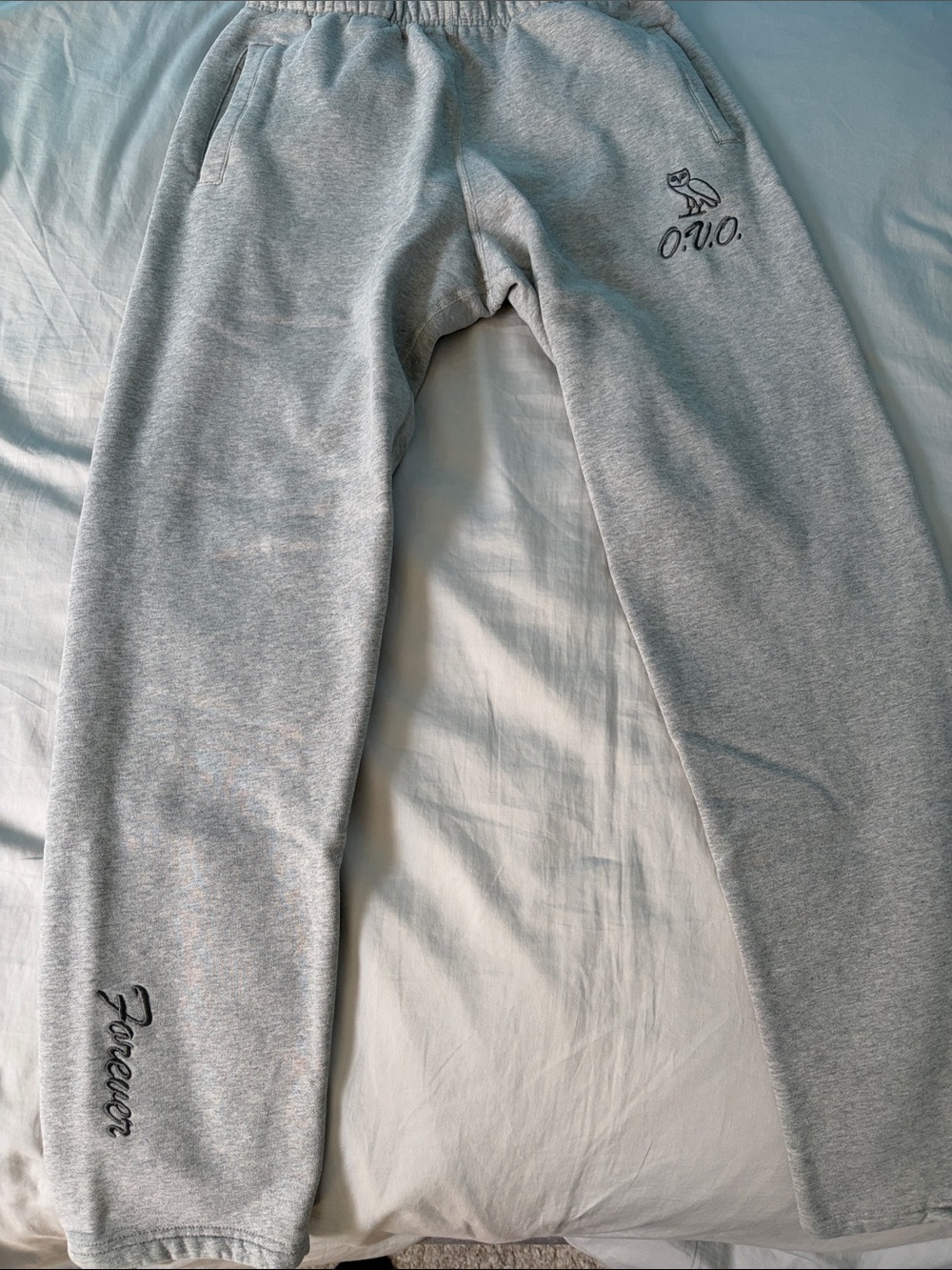 OVO Men’s Light Gray Sweatpants with Embroidered Owl & 'Forever' Text